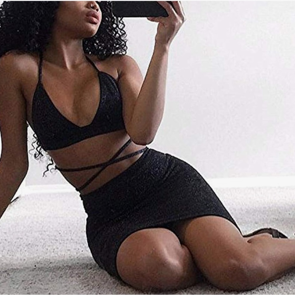 Black glitter/ sparkly two piece skirt and top set.